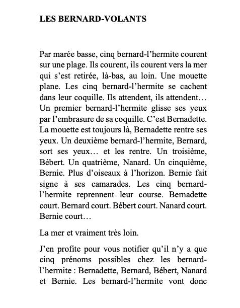 Les oiseaux de nuit éditions. Pièce de théâtre belge francophone, Contes et légendes des bernard-l'hermite de Capucine Berthon, extrait