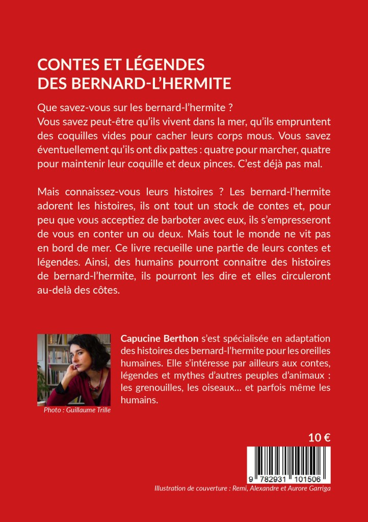 Les oiseaux de nuit éditions. Pièce de théâtre belge francophone, Contes et légendes des bernard-l'hermite de Capucine Berthon, couverture 4.