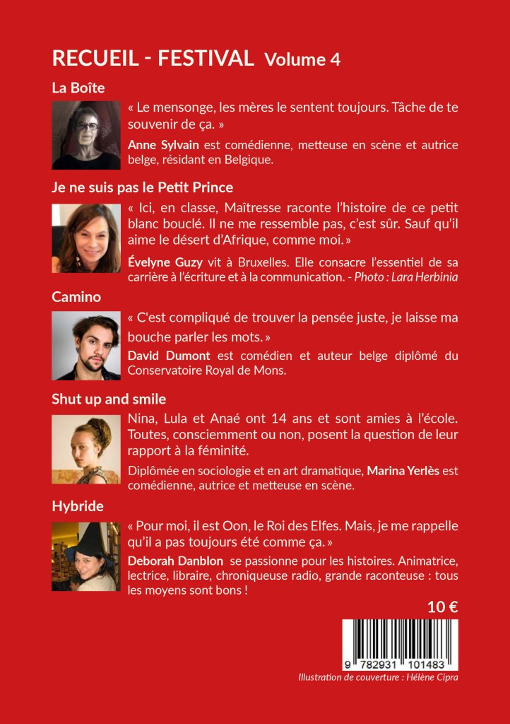 Les oiseaux de nuit éditions. Pièce de théâtre belge francophone, Recueil - Festival volume 4 de Anne Sylvain, Évelyne Guzy, David Dumont, Marina Yerlès, Deborah Danblon, couverture 4.